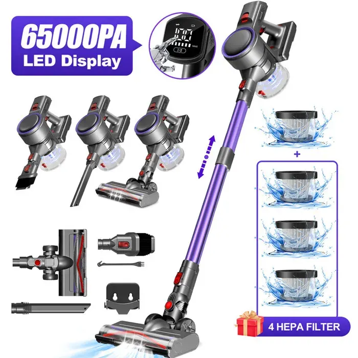 Aspirateur Balai sans Fil 65000Pa-Autonomie 55 Min- Aspirateur sans Fil 650W-Écran LED tactile-Filtration en 5 Étapes2L Capacité