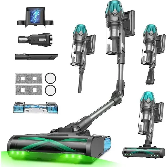 Aspirateur Balai sans Fil 65kPa 2 en 1 Laveur 600W/60Min rosse 4D anti-poils danimaux filtration multicôneLED autonomie 60min