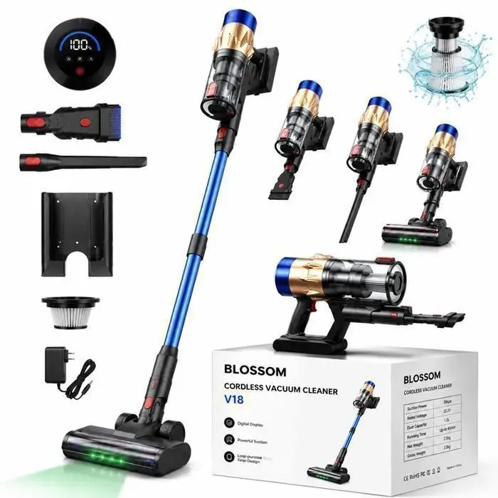 Aspirateur balai sans fil 660W 70KPA aspirateur laveur rechargeable à la main écran tactile lumière LED bleu·