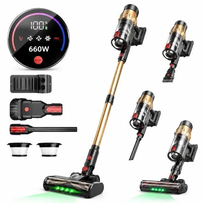 Aspirateur balai sans fil 660W 70KPA aspirateur laveur rechargeable à la main écran tactile lumière LED Orange