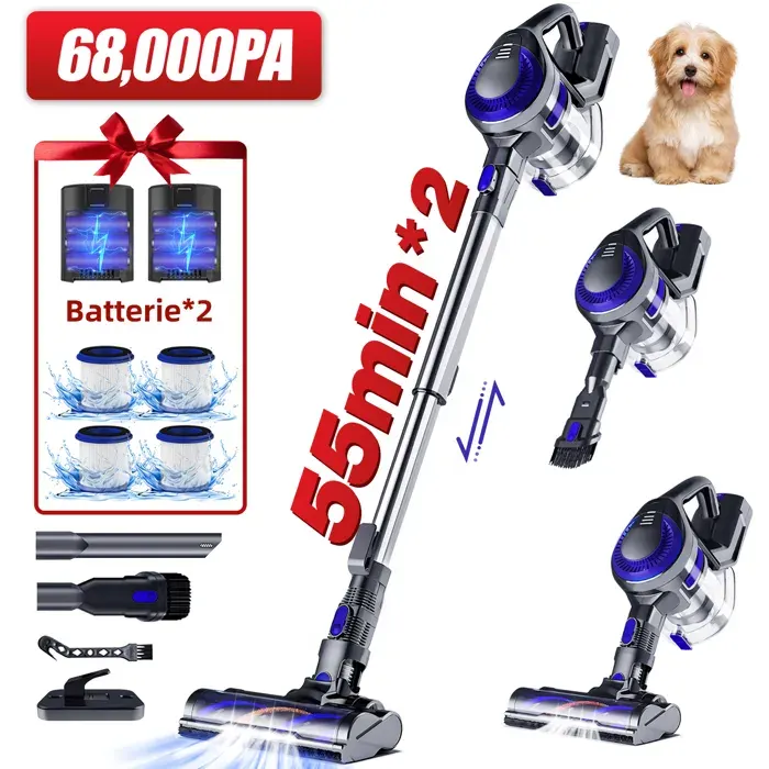 Aspirateur Balai Sans Fil 68000 Pa -Multifonctions 8 en 1 -650W Moteur sans Balai -110 Min Autonomie-Batterie Amovible