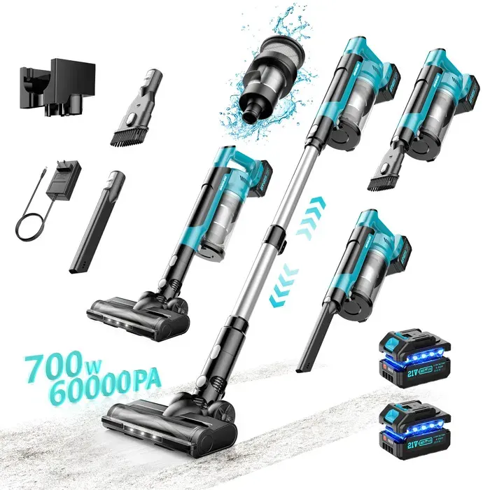 Aspirateur balai sans fil 700W 60KPa • 2×21V 4000mAh 70–72min • Bac 08L • LEDs • Sols durs tapis poils