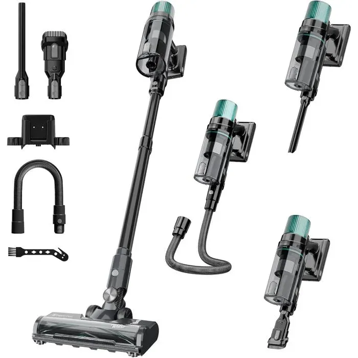 Aspirateur Balai Sans Fil 70KPa/600W Puissant Tuyau Flexible Sans Sac Léger Brosse Anti-Enchevêtrement Sols Durs