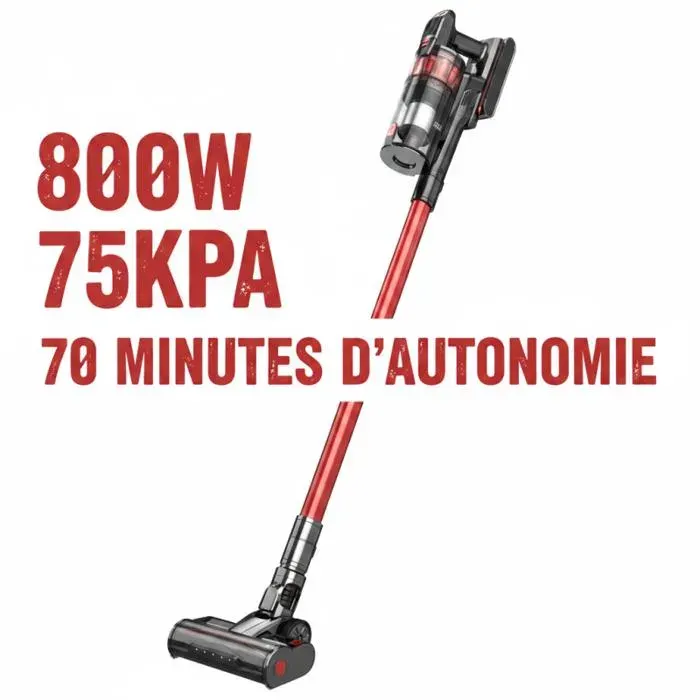Aspirateur balai sans fil 75000Pa 800W sans sac bac 2L 70min filtre 7 étapes brosse LED anti-poils animaux Aspirateur Balai