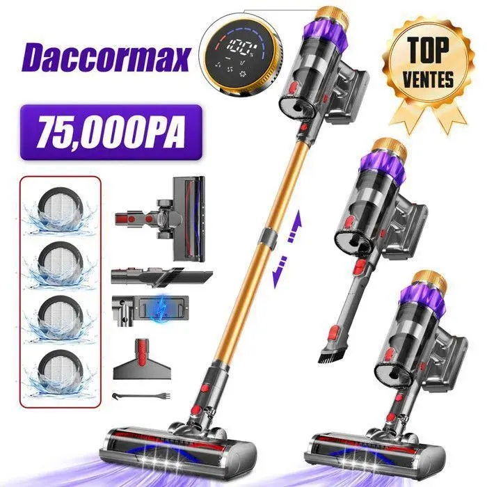 Aspirateur balai sans fil 75000PaAutonomie de 70 minBatterie de 10x2200mAhCapacité de 2LMoteur sans balais