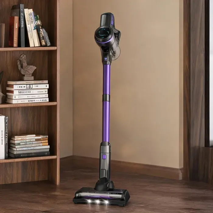 Aspirateur balai sans fil à finition violette brosse flexible à LED moteur brushless 265 W autonomie 45 minutes filtration HEPA