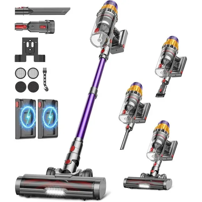 Aspirateur Balai Sans Fil Avec 2 Batteries 600W/55Kpa Autonomie 150Min Puissant Batterie Amovible Brosse Anti-Enchevêtrement