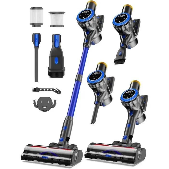 Aspirateur balai sans fil bleu - Ginaray - 580 W - 3 niveaux d’aspiration - Brosse LED verte - Autonomie jusqu’à 65 min