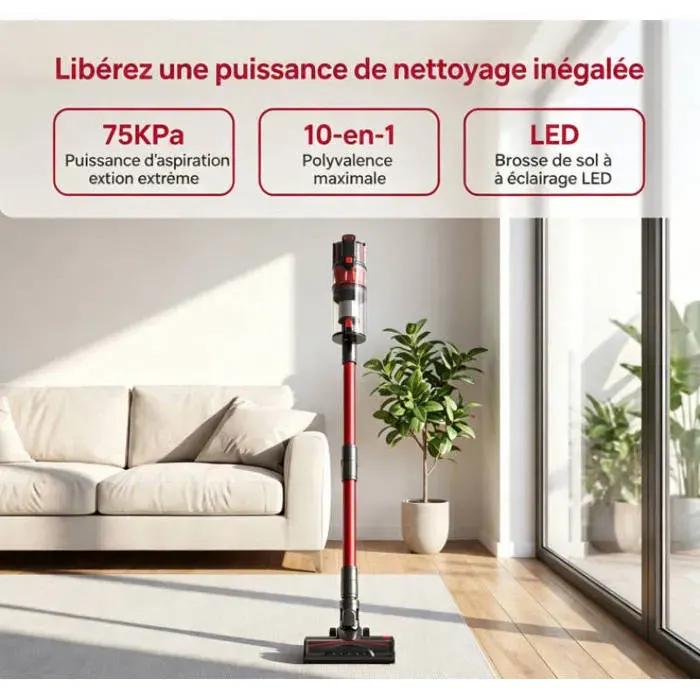 Aspirateur balai sans fil brosse anti-poil animaux 70min autonomie 800W 75Kpa bac 2L filtre 7 étapes 10 fonctions en 1 LED