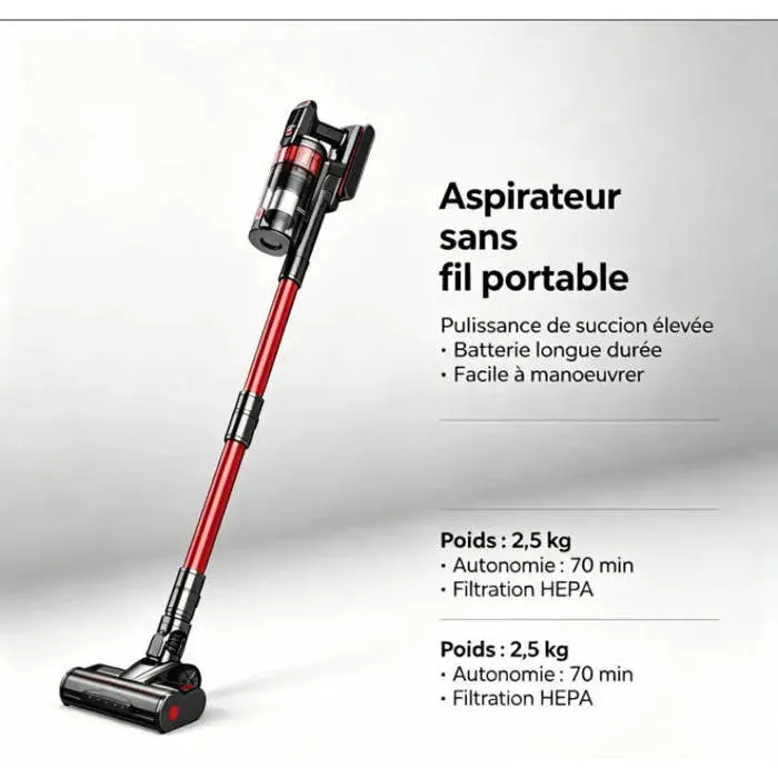 Aspirateur balai sans fil compact puissant 75Kpa 10 en 1 bac 2L éclairage LED filtration 7 étapes et système anti-enchevêtreme