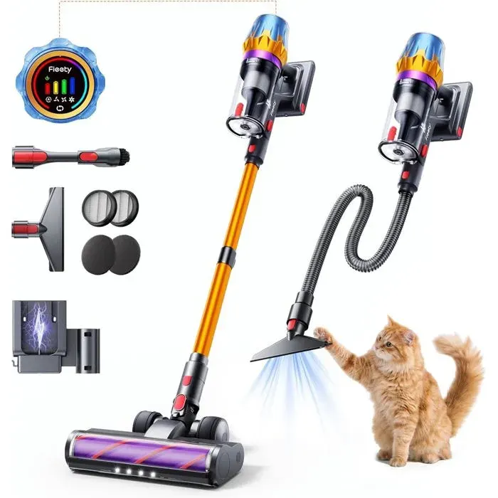 Aspirateur balai sans fil - Fieety - Or - 650 W - 55 kPa - Jusquà 80 min - Batterie amovible 6 x 4200 mAh