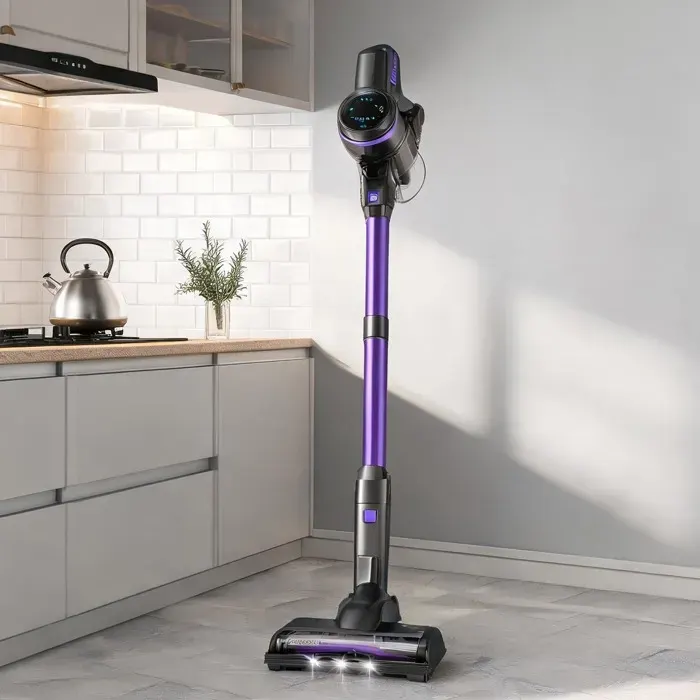 Aspirateur balai sans fil finition violet moteur brushless 265 W autonomie 45 min idéal pour sols durs et tapis