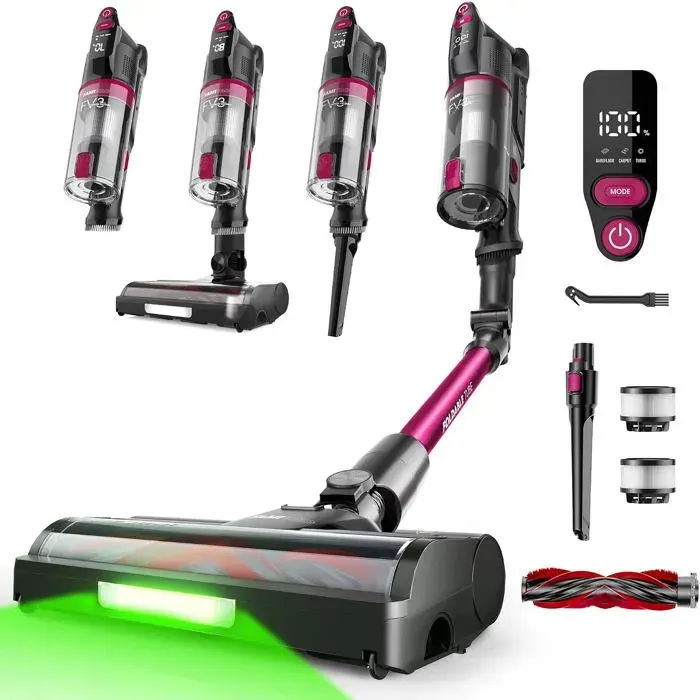 Aspirateur Balai Sans Fil FV3 Lilas 60KPa/50Min Tube Pliable Autoportant Brosse Anti-Enchevêtrement LED Verte Sols