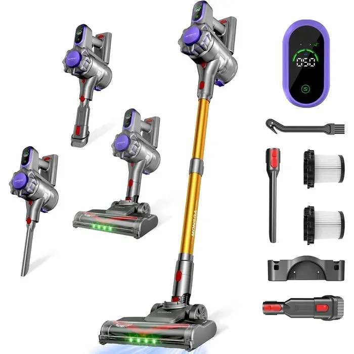 Aspirateur balai sans fil jaune - MONSGA - MV3s - 45 000 Pa - 550 W - 50 min - 13 kg - Batterie amovible