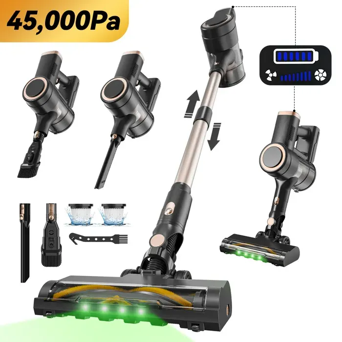 Aspirateur Balai Sans Fil Lamzien V8 Max - 45000PA/45min - Filtration Efficace -3 Modes - Anti Emmêlement - Lumière Verte