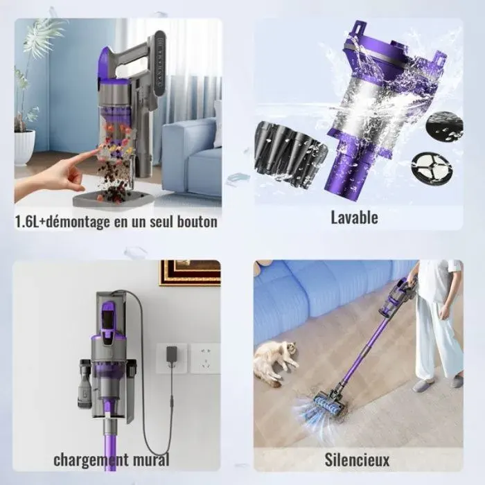 Aspirateur balai sans fil léger 700W aspiration 65Kpa batterie 2900mAh 70min dautonomie équipé dune brosse anti-emmêlement L