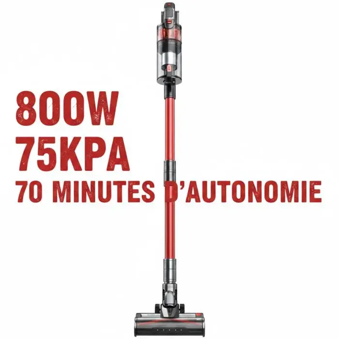 Aspirateur balai sans fil léger multifonction 10 en 1 forte aspiration 75Kpa bac 2L 70min autonomie LED anti-poils animaux