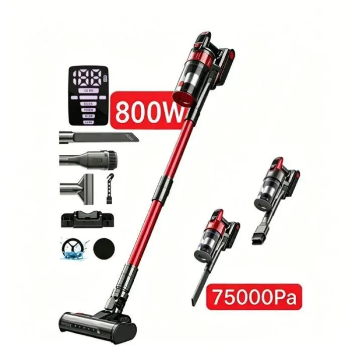 Aspirateur balai sans fil longue durée 70min 10 en 1 moteur 800W 75Kpa pour poils animaux bac 2L spacieux filtre 7 étapes LED