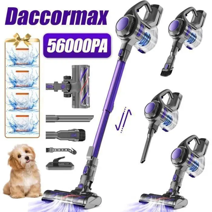 Aspirateur Balai sans Fil Maison avec Animaux-56KPa/55min/1.8L MAX dAutonomie -Filtration 4 filtres HEPA 8 en 1-Batterie Amovible