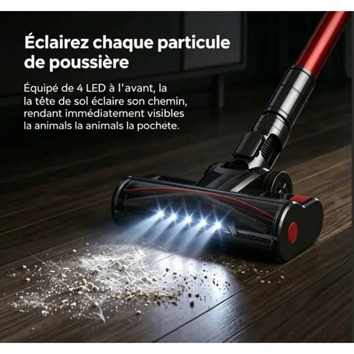 Aspirateur balai sans fil nettoyage poils animaux 800W 75Kpa bac 2L autonomie 70min filtre 7 étapes 10 fonctions en 1 et LED