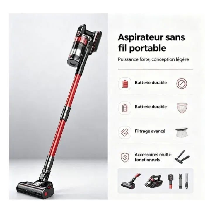 aspirateur balai sans fil poil animaux puissant- filtration 7 niveaux haute efficacité 800W puissance 70min auto ASPIRATEUR BALAI