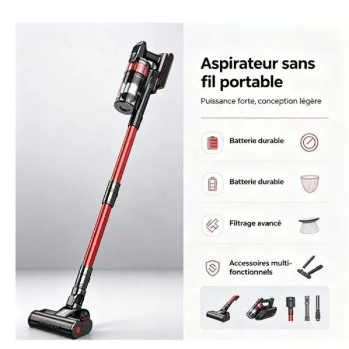 aspirateur balai sans fil poil animaux puissant- filtration 7 niveaux nettoyage air800W puissance autonomie 70mi ASPIRATEUR BALAI
