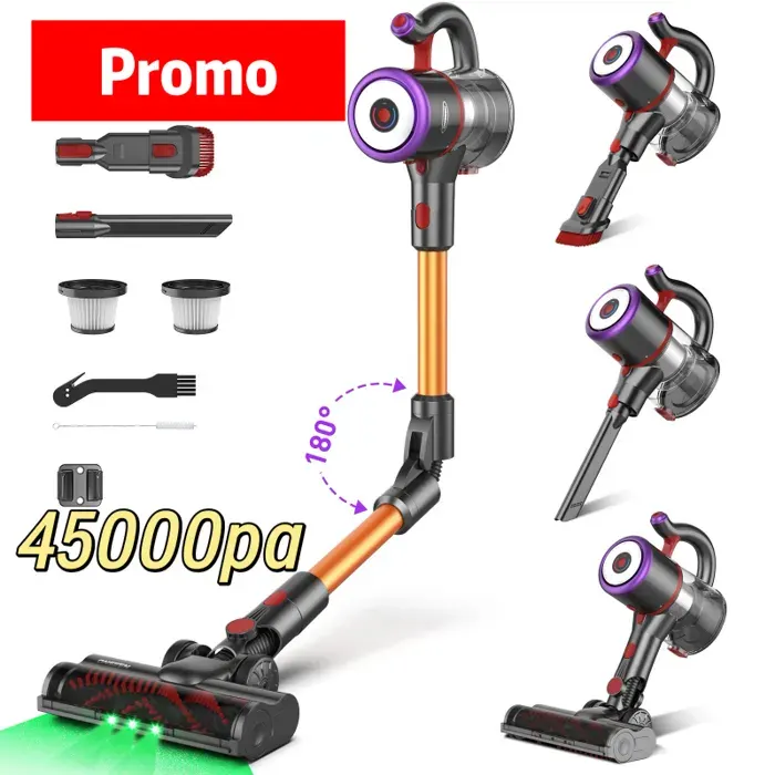 Aspirateur Balai sans Fil Puissant 45Kpa avec 53MinLumière LED Verte/Anti-étranglementTapisSols DursPoils vert ASPIRATEUR BALAI