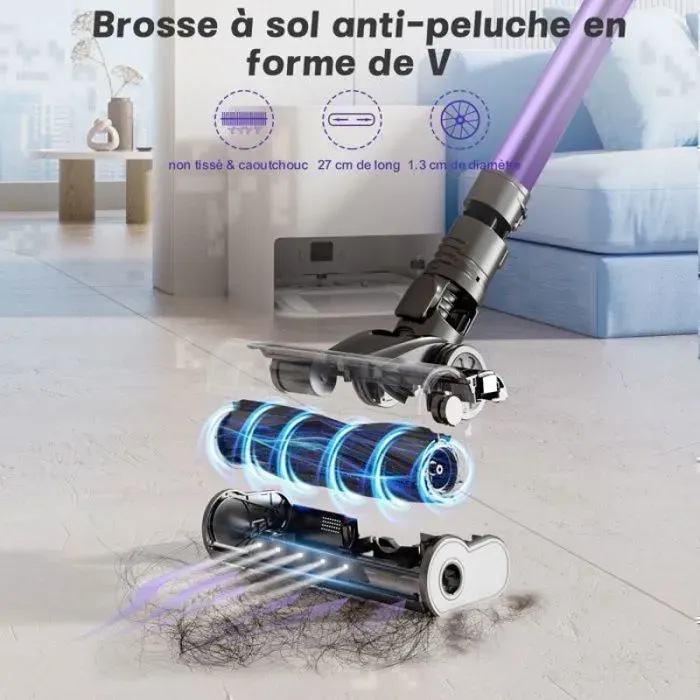 Aspirateur balai sans fil puissant 65KPa 700W 8‑en‑1 Autonomie 70min Batterie 9×2900mAh 4 vitesses Filtration 7 étages pour so
