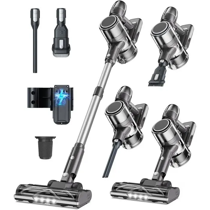 Aspirateur balai sans fil rechargeable 250 W silencieux 40 min dautonomie cyclonique brosse éclairée pour tapis & sols durs