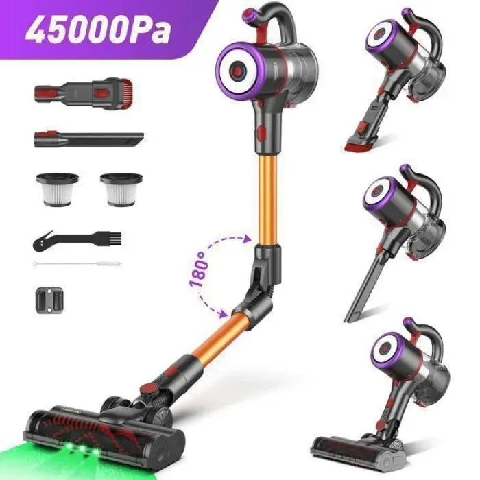 Aspirateur balai sans fil sans sac pliable avec éclairage LED 45000Pa puissance 550W filtration 5 étapes idéal pour poils de chie