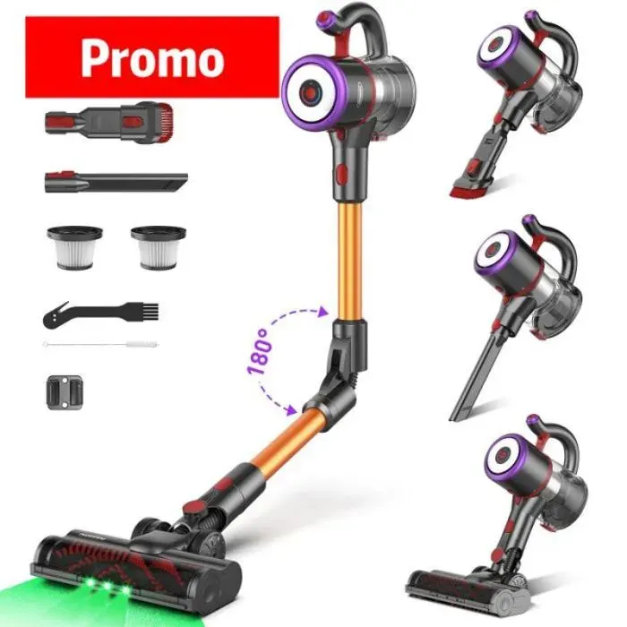 Aspirateur balai sans fil sans sac puissant 550W 45000Pa batterie 6x3200mAh autonomie 53min filtration 5 étapes LED et pliable po