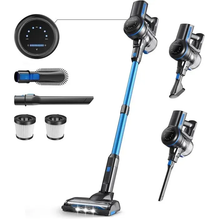 Aspirateur Balai Sans Fil UMLo Bleu - 265W/26KPA - Tube Télescopique/Écran LED Tactile/Filtration Cyclonique/Batterie Amovible