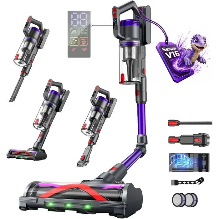 Aspirateur balai sans fil violet - Circlio - 600 W - 58 000 Pa - 75 min dautonomie - Batterie amovible 8×3200 mAh