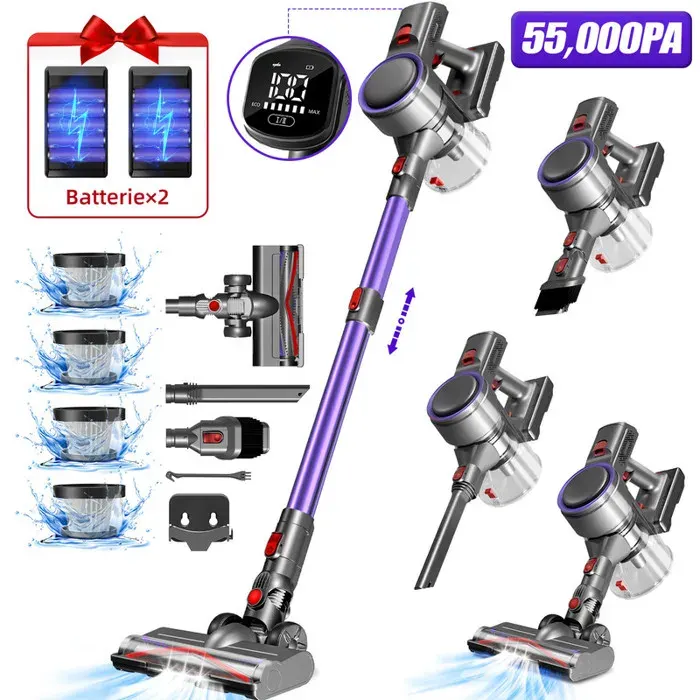Aspirateur Balai Sans Fil55000 Pa/650WAutonomie 55 MinAspirateur sans Fil avec Écran tactile LEDFiltration à 7couches