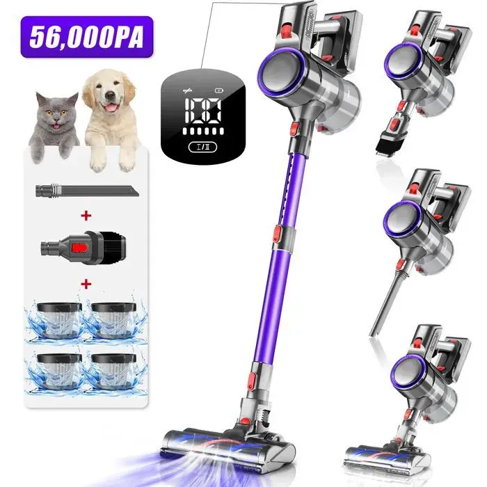 Aspirateur Balai Sans Fil56000 Pa/650W/95000RPMAutonomie 55 MinAspirateur sans Fil avec Écran tactile LEDFiltration à 7couches