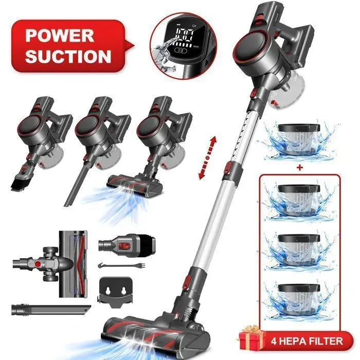 Aspirateur Balai Sans Fil65000 Pa/650WAutonomie 55 MinAspirateur sans Fil avec écran LEDFiltration à 7 couches/1.6L volume