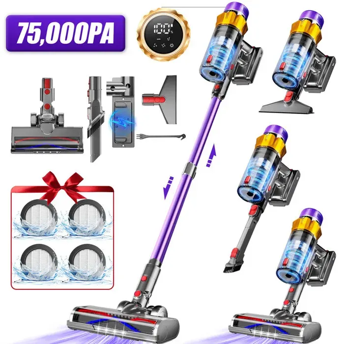 Aspirateur Balai Sans Fil75000 PA/98000rpm70 MinsAspirateur sans Fil avec écran LEDFiltration à 7 couches/2L volume