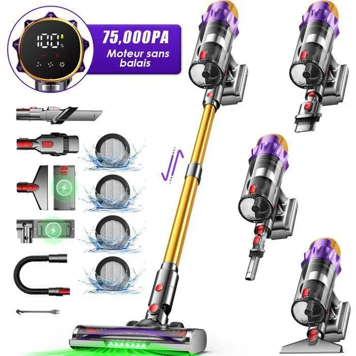 Aspirateur Balai Sans Fil75000 PA70 Mins Aspirateur sans Fil avec écran LEDavec Flexible hoseFiltration à 7 couches/2L volume