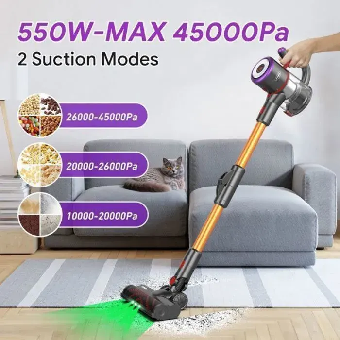 Aspirateur Balai Silencieux 65dB 550W 45000Pa 6x3200MAH 53min lumière LED verte confortable pour nettoyage quoti ASPIRATEUR BALAI