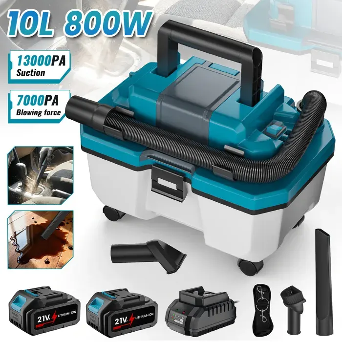 Aspirateur eau et poussière Aspirateur À Poussière Portable 13000Pa 10L Soufflage 2 En 1 2 Batteries 40000r/min Atelier Voiture
