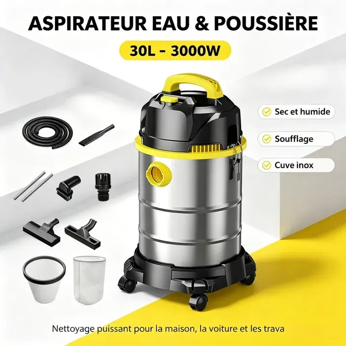 Aspirateur multi-usage 30L 3000W - Sec/humide/soufflage - 23Kpa & 46.9L/s - Seau inox - Lavage voiture nettoyage joints