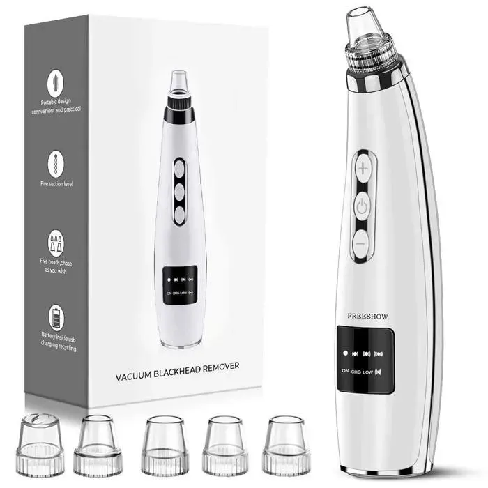 Aspirateur points noirs - 5 embouts - 5 niveaux aspiration - Sans fil - USB - Force constante - Pour tous types de peau