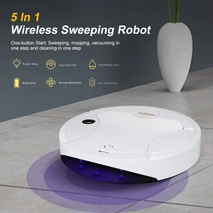 Aspirateur robot 5 en 1 - QINGQUE - Blanc - Humidificateur - Balayage - Nettoyage UV