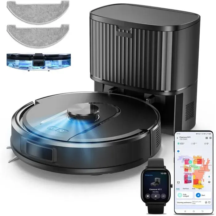 Aspirateur Robot 5000Pa Cleanova W11 Robot Aspirateur Laveur Avec Vidange Automatique Poussière Naviion Lidar180Min Connecté Pa