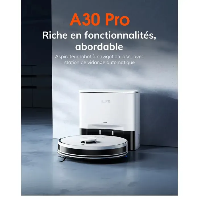 Aspirateur Robot ILIFE A30 Pro 5000Pa – Station Vidage Automatique Navigation LiDAR Laveur 2-en-1 WiFi Autonomie 180 min