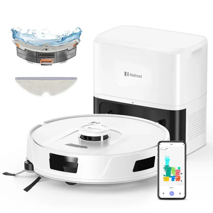 Aspirateur Robot Laveur 4-en-120000 Pa-Redroad R11-200min AutonomieVidange Autoavec Navigation LiDARCharge-Autoavec App