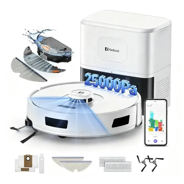 Aspirateur Robot Laveur 4-en-125000 Pa-Redroad R11 2.0-200min AutonomieVidange Autoavec Navigation LiDARCharge-Autoavec App
