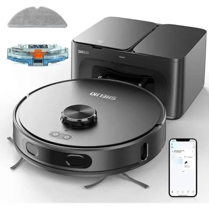 Aspirateur robot laveur avec station Autonomie Prolongée 220Min Batterie 5200mAh Commande Vocale Intelligente