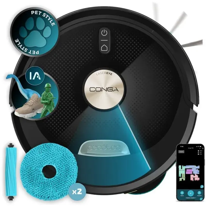 Aspirateur robot laveur - CECOTEC Conga M100 Spin AI - 20 000 Pa - 220 m² - Noir