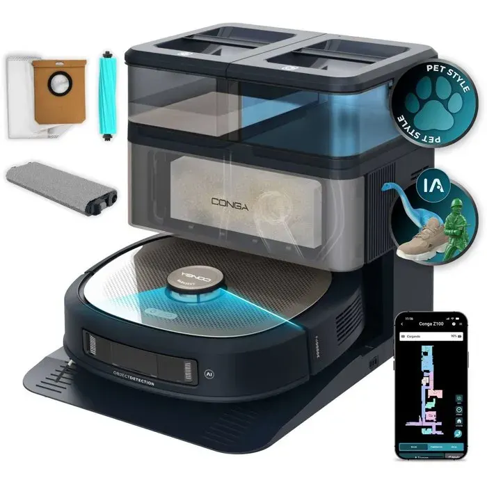 Aspirateur Robot Laveur - CECOTEC Conga Z100 - 20 000 Pa - Noir / Inox